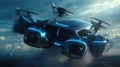 Futuristic Flying car concept, flying machine, flying above the land. Generative AI Royalty Free Stock Photo