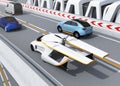 Futuristic flying car driving on the highway