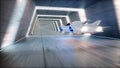 Futuristic flying car fast driving in sci fi tunnel, coridor. Concept of future. 3d rendering.