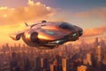 futuristic flying car hovering above a city skyline