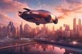 futuristic flying car hovering above a city skyline