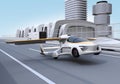 Futuristic flying car takes off from highway