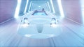 Futuristic flying car with woman fast driving in sci fi tunnel, coridor. Concept of future. 3d rendering. Royalty Free Stock Photo