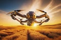 Futuristic flying drone above a field at sunrise, Generative AI