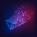 Futuristic flying electronic envelope, email on dark gradient blue to purple background.