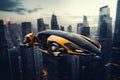 Futuristic flying taxi cab over cityscape background. Generative AI