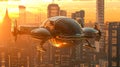 Futuristic flying vehicle hovering over a city at sunset Royalty Free Stock Photo
