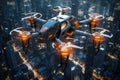 A futuristic flying vehicle hovers above the vibrant city, blending seamlessly with the urban landscape, Hybrid helicopter drones