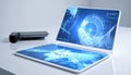 Futuristic Foldable Laptop with Global Data Interface Royalty Free Stock Photo