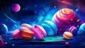 Macaroon cakes, candies and other sweets on the background of galaxies, stars and planets