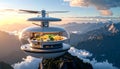 Futuristic food delivery craft above mountains Royalty Free Stock Photo