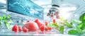 Futuristic food lab with advanced microscopes analyzing fresh produce Royalty Free Stock Photo