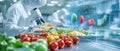 Futuristic food lab with advanced microscopes analyzing fresh produce Royalty Free Stock Photo