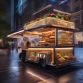 A futuristic food pod serving holographic projections of international street food dishes from around the world2