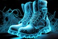 Futuristic Footwear Fantasy: Blue Neon Lights Illuminate Stunning Boots, Defining Tomorrow\'s Style