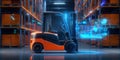 The futuristic forklift navigating a modern warehouse environment with digital overlays. AI generated image Royalty Free Stock Photo