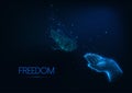 Futuristic freedom, tranquility, spirituality concept with glowing low poly hand and flying butterfly Royalty Free Stock Photo