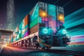 Futuristic Freight Train Loaded with Containers in a Colorful City