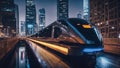 _A futuristic fuel train on a metal bridge over a city. The train has sleek and shiny tanks Royalty Free Stock Photo