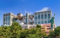 The futuristic Fuji TV Building and Statue of Liberty Replica in Odaiba Tokyo Royalty Free Stock Photo