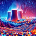 Futuristic Fun: Colorful Power Plant & Rain in a Playful World, generative ai Royalty Free Stock Photo