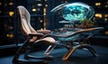 Futuristic furniture, office chair and desk, evening in an empty skyscraper office