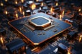 Futuristic future motherboard design with CPU socket, microchips, microprocessors, integrated circuits and connectors for Royalty Free Stock Photo