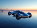 Futuristic fying car flies over the water surface Royalty Free Stock Photo