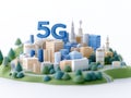 Futuristic 5G cityscape with interconnected smart buildings and green spaces representing advanced wireless technology and urba