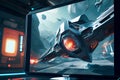 A futuristic game screen, with various elements sand special effects, generative ai illustration.