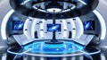 Futuristic gaming pod with neon lighting, VR controllers, and high-tech setup
