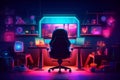 Futuristic gaming room interior with armchair, computer, gamepad and neon lights. illustration