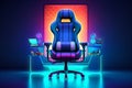 Futuristic gaming room interior with armchair, computer, gamepad and neon lights. illustration