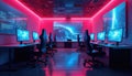 Futuristic gaming room with multiple computer stations, equipped with large monitors showing data streams, vibrant neon lighting. Royalty Free Stock Photo