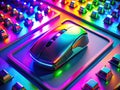 A Futuristic Gaming Setup Drones Eye View of a Vibrant Neon Gaming Rig with CuttingEdge Peripherals Captured in Royalty Free Stock Photo