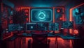 futuristic cyber security command center with multiple monitors and neon lighting in a dark high tech room setup Royalty Free Stock Photo