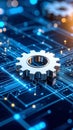 Futuristic gear on a glowing blue circuit board representing digital technology and innovation Royalty Free Stock Photo