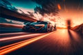 Futuristic generic concept sport car speeding on the city road, generative ai Royalty Free Stock Photo