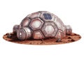 Futuristic geodesic dome structure on a reddish, rocky terrain resembling Mars. The dome has Royalty Free Stock Photo