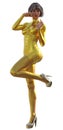 Futuristic girl, pin up in a Golden dress and High heels shoes, 3d illustration