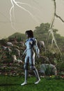 Futuristic girl walking in an alien planet with plants and cristal lightnings, 3d illustration