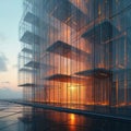 Futuristic glass building with network lines. Warm light reflects at sunset. Architectural rendering, concept of city, Royalty Free Stock Photo