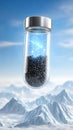Futuristic glass container with black nanomaterials floating above snowy mountains Royalty Free Stock Photo