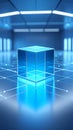 Futuristic glass cube on a reflective floor in a blue, high-tech interior. Royalty Free Stock Photo