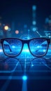 Futuristic glasses with digital interface and data visualization on blue background Royalty Free Stock Photo
