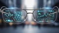Futuristic glasses displaying complex data analytics and stock market trends Royalty Free Stock Photo