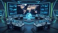 Futuristic global data monitoring command center with holographic earth display technology Royalty Free Stock Photo