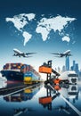 Futuristic global logistics technology concept with smart transport cargo flow and digital world map background Royalty Free Stock Photo