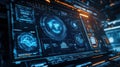 Futuristic global monitoring system displaying world map and data analysis charts Royalty Free Stock Photo
