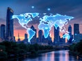 Futuristic Global Network Over Modern Cityscape Royalty Free Stock Photo